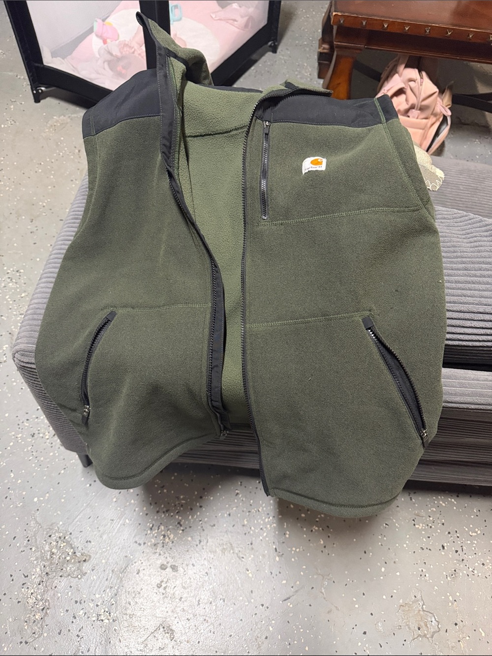 Carhartt Olive & Black Fleece Vest with Zip Pockets